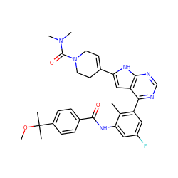 COC(C)(C)c1ccc(C(=O)Nc2cc(F)cc(-c3ncnc4[nH]c(C5=CCN(C(=O)N(C)C)CC5)cc34)c2C)cc1 ZINC000142914051