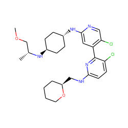 COC[C@@H](C)N[C@H]1CC[C@H](Nc2cc(-c3nc(NC[C@@H]4CCCCO4)ccc3Cl)c(Cl)cn2)CC1 ZINC000261183513