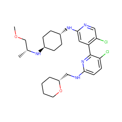 COC[C@@H](C)N[C@H]1CC[C@H](Nc2cc(-c3nc(NC[C@H]4CCCCO4)ccc3Cl)c(Cl)cn2)CC1 ZINC000261183512