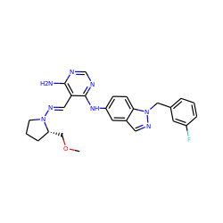 COC[C@@H]1CCCN1/N=C/c1c(N)ncnc1Nc1ccc2c(cnn2Cc2cccc(F)c2)c1 ZINC000040847868