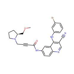 COC[C@@H]1CCCN1CC#CC(=O)Nc1ccc2ncc(C#N)c(Nc3cccc(Br)c3)c2c1 ZINC000027091703