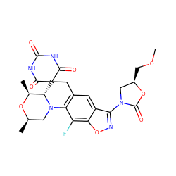 COC[C@@H]1CN(c2noc3c(F)c4c(cc23)CC2(C(=O)NC(=O)NC2=O)[C@H]2[C@H](C)O[C@H](C)CN42)C(=O)O1 ZINC000145822965