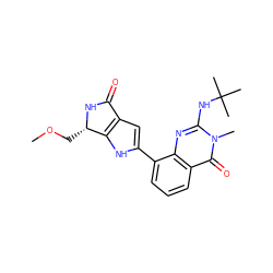 COC[C@@H]1NC(=O)c2cc(-c3cccc4c(=O)n(C)c(NC(C)(C)C)nc34)[nH]c21 ZINC000222464645