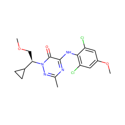 COC[C@H](C1CC1)n1nc(C)nc(Nc2c(Cl)cc(OC)cc2Cl)c1=O ZINC000049034621