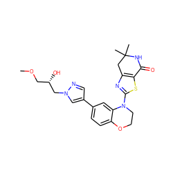 COC[C@H](O)Cn1cc(-c2ccc3c(c2)N(c2nc4c(s2)C(=O)NC(C)(C)C4)CCO3)cn1 ZINC000040423039