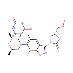 COC[C@H]1CN(c2noc3c(Cl)c4c(cc23)CC2(C(=O)NC(=O)NC2=O)[C@H]2[C@H](C)O[C@H](C)CN42)C(=O)O1 ZINC000147990672