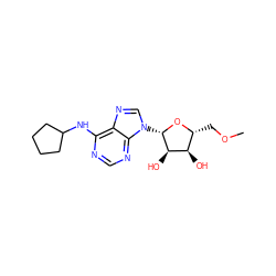 COC[C@H]1O[C@@H](n2cnc3c(NC4CCCC4)ncnc32)[C@H](O)[C@@H]1O ZINC000013863887