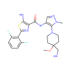 COC1(CN)CCN(c2c(NC(=O)c3nc(-c4c(F)cccc4F)sc3N)cnn2C)CC1 ZINC000169699514