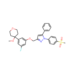 COC1(c2cc(F)cc(OCc3cc(-c4ccccc4)n(-c4ccc(S(C)(=O)=O)cc4)n3)c2)CCOCC1 ZINC000003992392