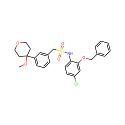 COC1(c2cccc(CS(=O)(=O)Nc3ccc(Cl)cc3OCc3ccccc3)c2)CCOCC1 ZINC000066078731