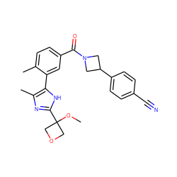 COC1(c2nc(C)c(-c3cc(C(=O)N4CC(c5ccc(C#N)cc5)C4)ccc3C)[nH]2)COC1 ZINC000142682738