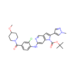 COC1CCN(C(=O)c2ccc(Nc3cc4c(cn3)cc(-c3cnn(C)c3)n4C(=O)OC(C)(C)C)c(Cl)c2)CC1 ZINC000103250485