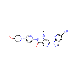 COC1CCN(c2ccc(NC(=O)c3cnc(-n4ncc5cc(C#N)cnc54)cc3NC(C)C)nc2)CC1 ZINC001772652185