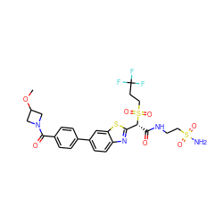 COC1CN(C(=O)c2ccc(-c3ccc4nc([C@@H](C(=O)NCCS(N)(=O)=O)S(=O)(=O)CCC(F)(F)F)sc4c3)cc2)C1 ZINC000221962786