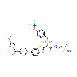 COC1CN(C(=O)c2ccc(-c3ccc4nc([C@@H](C(=O)NCCS(N)(=O)=O)S(=O)(=O)Cc5ccc(OC(F)(F)F)cc5)sc4c3)cc2)C1 ZINC000221964525