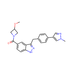 COC1CN(C(=O)c2ccc3[nH]nc(Cc4ccc(-c5cnn(C)c5)cc4)c3c2)C1 ZINC000653737475