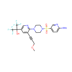 COCC#Cc1cc(C(O)(C(F)(F)F)C(F)(F)F)cnc1N1CCN(S(=O)(=O)c2ccc(N)nc2)CC1 ZINC000299825834