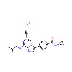 COCC#Cc1cn2c(-c3ccc(C(=O)NC4CC4)cc3)cnc2c(NCC(C)C)n1 ZINC000199110490