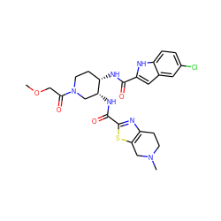 COCC(=O)N1CC[C@H](NC(=O)c2cc3cc(Cl)ccc3[nH]2)[C@H](NC(=O)c2nc3c(s2)CN(C)CC3)C1 ZINC000029128403