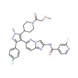 COCC(=O)N1CCC(c2c(-c3ccc4nc(NC(=O)c5ccnc(F)c5)cn4n3)c(-c3ccc(F)cc3)nn2C)CC1 ZINC001772644120