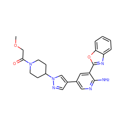 COCC(=O)N1CCC(n2cc(-c3cnc(N)c(-c4nc5ccccc5o4)c3)cn2)CC1 ZINC000053243494