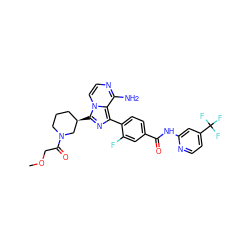 COCC(=O)N1CCC[C@@H](c2nc(-c3ccc(C(=O)Nc4cc(C(F)(F)F)ccn4)cc3F)c3c(N)nccn23)C1 ZINC000208792972