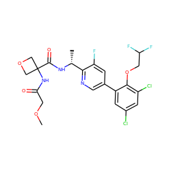 COCC(=O)NC1(C(=O)N[C@H](C)c2ncc(-c3cc(Cl)cc(Cl)c3OCC(F)F)cc2F)COC1 ZINC000169710403