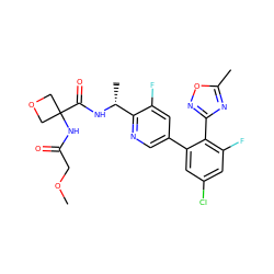 COCC(=O)NC1(C(=O)N[C@H](C)c2ncc(-c3cc(Cl)cc(F)c3-c3noc(C)n3)cc2F)COC1 ZINC000169710371