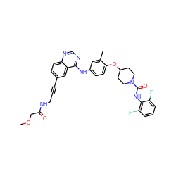 COCC(=O)NCC#Cc1ccc2ncnc(Nc3ccc(OC4CCN(C(=O)Nc5c(F)cccc5F)CC4)c(C)c3)c2c1 ZINC000028706330