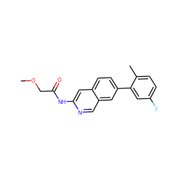 COCC(=O)Nc1cc2ccc(-c3cc(F)ccc3C)cc2cn1 ZINC000169699944