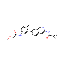 COCC(=O)Nc1ccc(C)c(-c2ccc3cc(NC(=O)C4CC4)ncc3c2)c1 ZINC000144377801