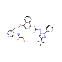 COCC(=O)Nc1cnccc1CCOc1ccc(NC(=O)Nc2cc(C(C)(C)C)nn2-c2ccc(C)cc2)c2ccccc12 ZINC000139384454