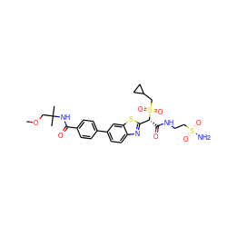 COCC(C)(C)NC(=O)c1ccc(-c2ccc3nc([C@@H](C(=O)NCCS(N)(=O)=O)S(=O)(=O)CC4CC4)sc3c2)cc1 ZINC000144190455