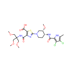 COCC(COC)(COC)NC(=O)c1nc(N2CC[C@@H](NC(=O)c3[nH]c(C)c(Cl)c3Cl)[C@@H](OC)C2)sc1C(=O)O ZINC000299833226