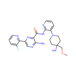 COCC1(N)CCN(c2cccnc2NC(=O)c2nc(-c3ncccc3F)cnc2N)CC1 ZINC001772624495