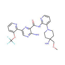 COCC1(N)CCN(c2cccnc2NC(=O)c2nc(-c3ncccc3OC(F)(F)F)cnc2N)CC1 ZINC001772597183