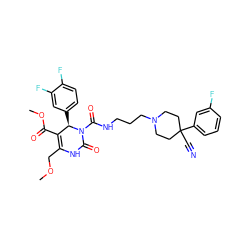 COCC1=C(C(=O)OC)[C@@H](c2ccc(F)c(F)c2)N(C(=O)NCCCN2CCC(C#N)(c3cccc(F)c3)CC2)C(=O)N1 ZINC000027547721