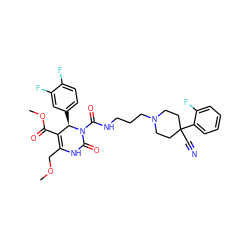 COCC1=C(C(=O)OC)[C@@H](c2ccc(F)c(F)c2)N(C(=O)NCCCN2CCC(C#N)(c3ccccc3F)CC2)C(=O)N1 ZINC000027547218