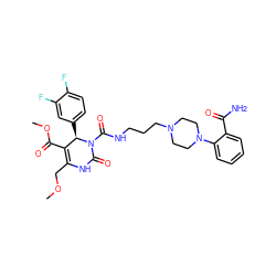 COCC1=C(C(=O)OC)[C@@H](c2ccc(F)c(F)c2)N(C(=O)NCCCN2CCN(c3ccccc3C(N)=O)CC2)C(=O)N1 ZINC000027527082