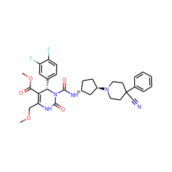 COCC1=C(C(=O)OC)[C@H](c2ccc(F)c(F)c2)N(C(=O)N[C@@H]2CC[C@@H](N3CCC(C#N)(c4ccccc4)CC3)C2)C(=O)N1 ZINC000003940204