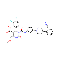 COCC1=C(C(=O)OC)[C@H](c2ccc(F)c(F)c2)N(C(=O)N[C@@H]2CC[C@H](N3CCC(c4ccccc4C#N)CC3)C2)C(=O)N1 ZINC000029557000