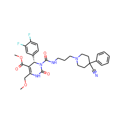 COCC1=C(C(=O)OC)[C@H](c2ccc(F)c(F)c2)N(C(=O)NCCCN2CCC(C#N)(c3ccccc3)CC2)C(=O)N1 ZINC000003979354