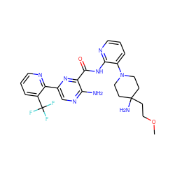 COCCC1(N)CCN(c2cccnc2NC(=O)c2nc(-c3ncccc3C(F)(F)F)cnc2N)CC1 ZINC001772581550