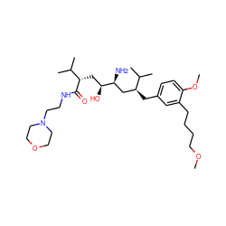 COCCCCc1cc(C[C@@H](C[C@H](N)[C@@H](O)C[C@H](C(=O)NCCN2CCOCC2)C(C)C)C(C)C)ccc1OC ZINC000014967746