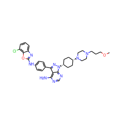 COCCCN1CCN([C@H]2CC[C@@H](n3nc(-c4ccc(Nc5nc6cccc(Cl)c6o5)cc4)c4c(N)ncnc43)CC2)CC1 ZINC000101367530