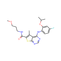 COCCCNC(=O)c1sc2ncnc(Nc3ccc(F)cc3OC(C)C)c2c1C ZINC000473155986