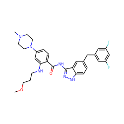 COCCCNc1cc(N2CCN(C)CC2)ccc1C(=O)Nc1n[nH]c2ccc(Cc3cc(F)cc(F)c3)cc12 ZINC000148850800