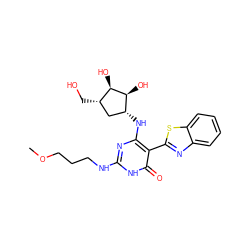 COCCCNc1nc(N[C@@H]2C[C@H](CO)[C@@H](O)[C@H]2O)c(-c2nc3ccccc3s2)c(=O)[nH]1 ZINC001772614559