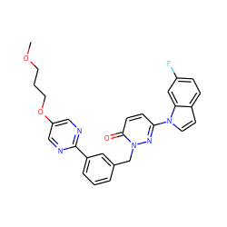 COCCCOc1cnc(-c2cccc(Cn3nc(-n4ccc5ccc(F)cc54)ccc3=O)c2)nc1 ZINC000299865943