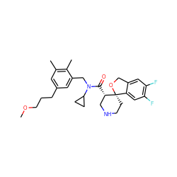 COCCCc1cc(C)c(C)c(CN(C(=O)[C@H]2CNCC[C@@]23OCc2cc(F)c(F)cc23)C2CC2)c1 ZINC000073159872